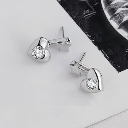 Silver Post Heart-Design Star Earrings