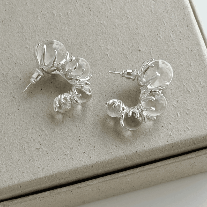 Silver Post Ice Transparent Round Irregular Earrings