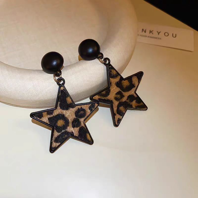 Silver Post Leopard Print Star Earrings