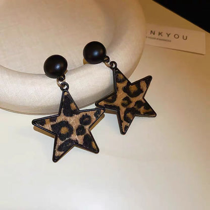 Silver Post Leopard Print Star Earrings