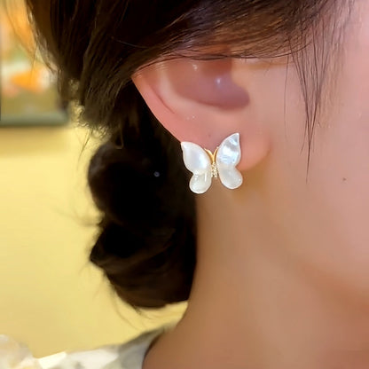 Silver Post Micro-Inlaid Mother-Of-Pearl Butterfly Stud Earrings