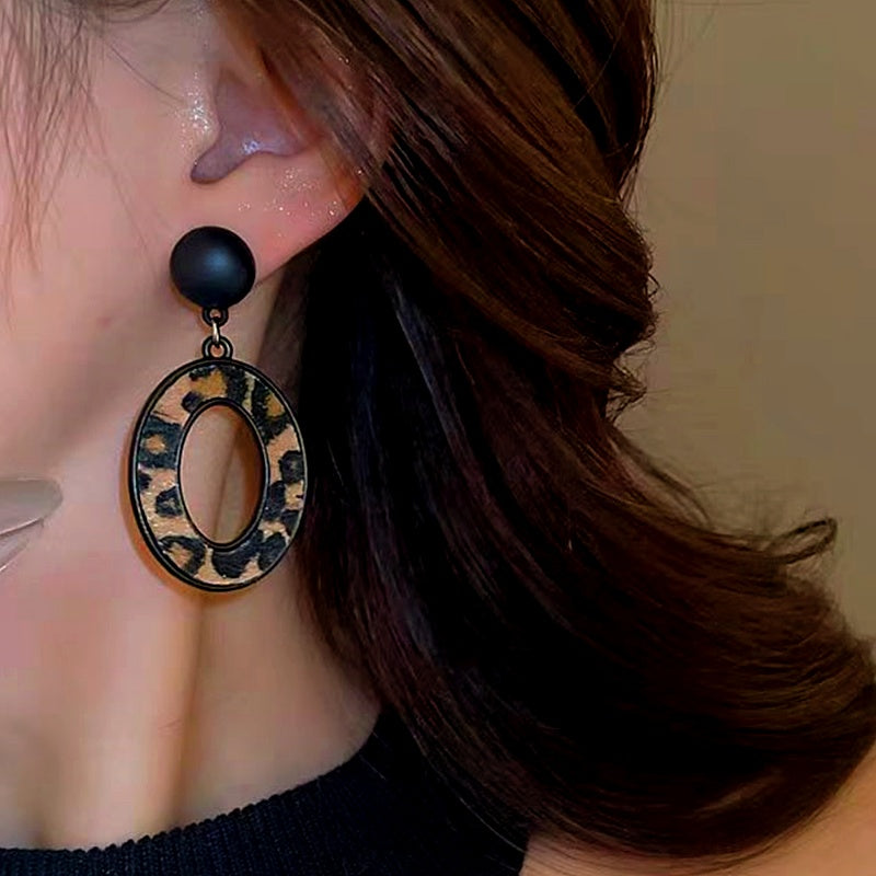Silver Post Oval Leopard Print Earrings