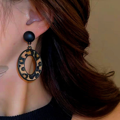 Silver Post Oval Leopard Print Earrings