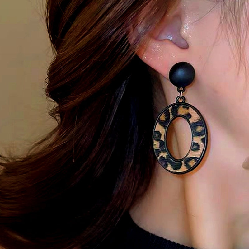 Silver Post Oval Leopard Print Earrings