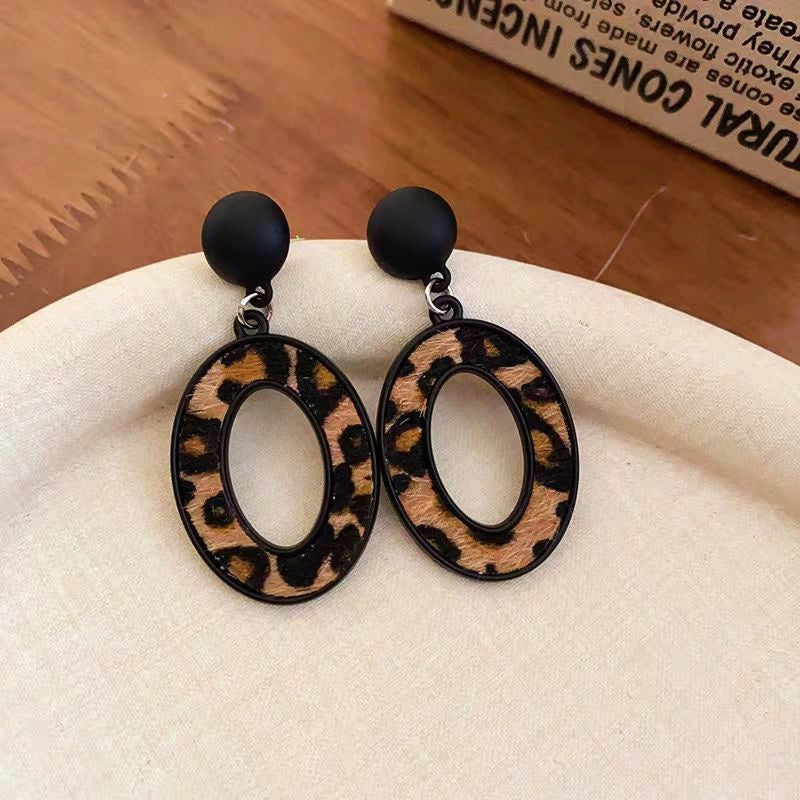 Silver Post Oval Leopard Print Earrings