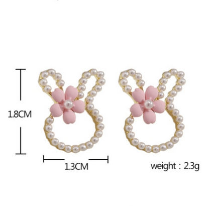 Silver Post Pearl Flower Rabbit Stud Earrings