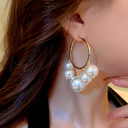 Silver Post Pearl Tassel Hoop Earrings