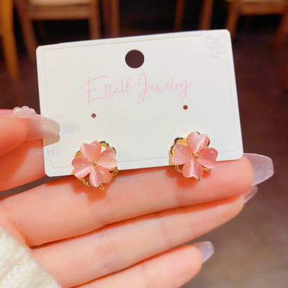 Silver Post Pink Rotating Flower Stud Earrings