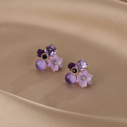 Silver Post Purple Crystal Small Flower Stud Earrings
