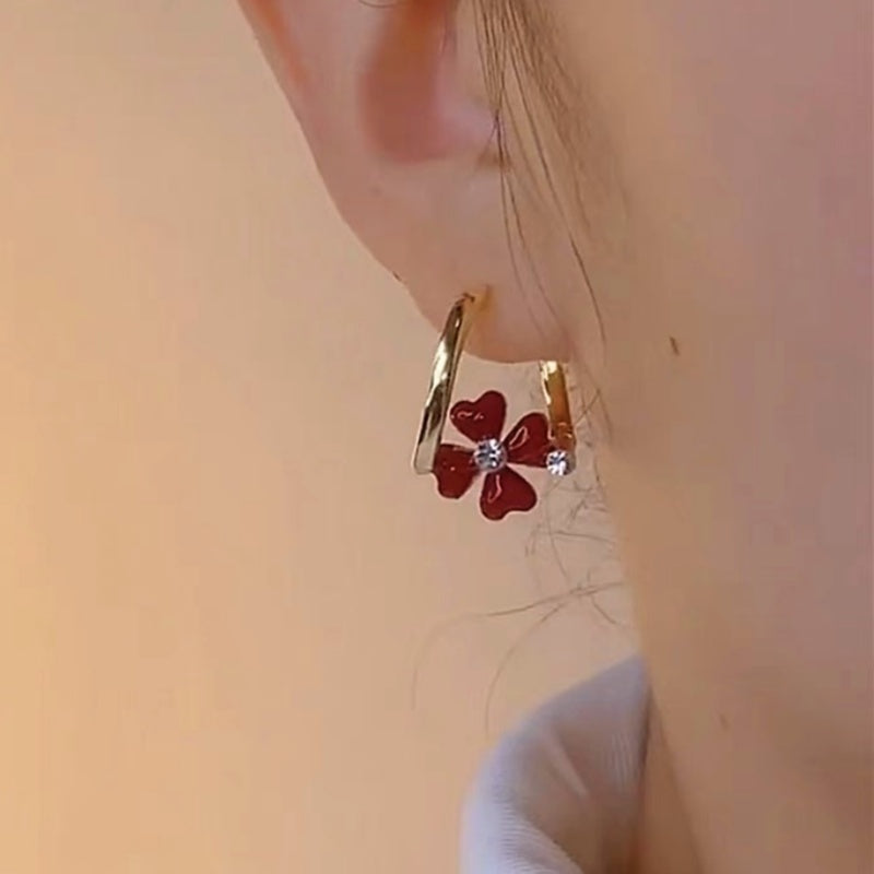 Silver Post Red Flower Earrings