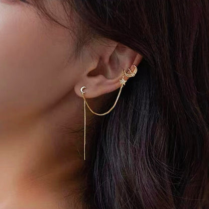 Silver Post Star And Moon Ear Cuff Clip Earrings