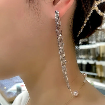 Silver Post Zircon Diamond Tassel Earrings