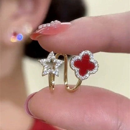 Silver Post Zircon Flower Pentagram Earrings