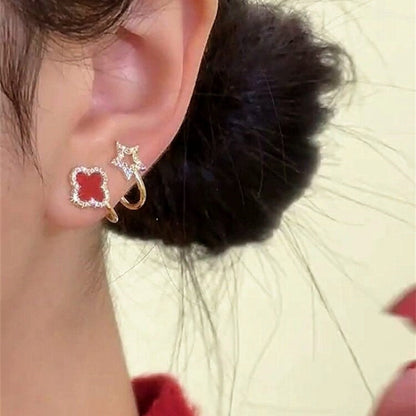 Silver Post Zircon Flower Pentagram Earrings