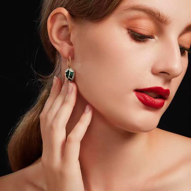 Silver Post Zircon Green Tulip Flower Earrings