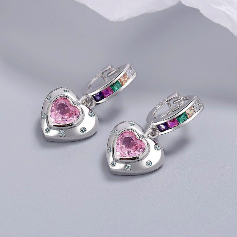 Silver Post Zircon Pink Heart-Design Earrings