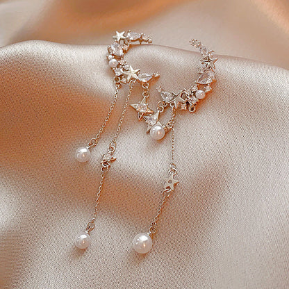 Silver Post Zircon Star Moon Pearl Earrings