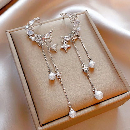 Silver Post Zircon Star Moon Pearl Earrings