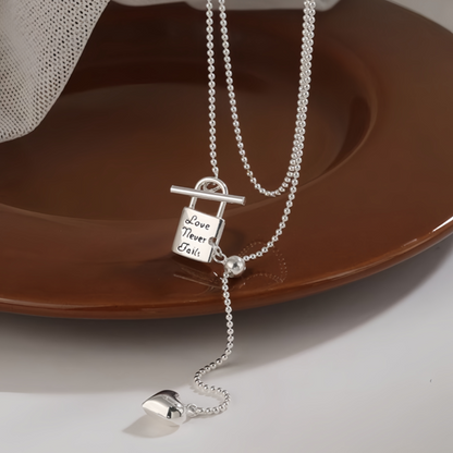 Sterling Silver Adjustable Small Silver Lock Heart Tassel Necklace