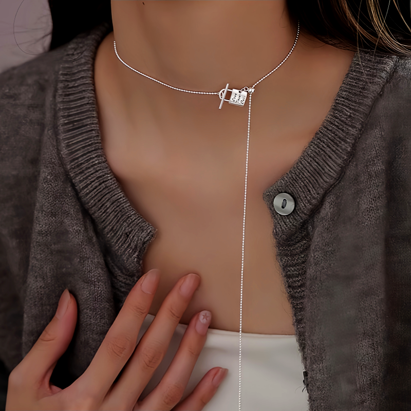 Sterling Silver Adjustable Small Silver Lock Heart Tassel Necklace