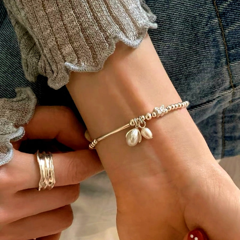 Sterling Silver Beaded Pearl Flower Bracelets