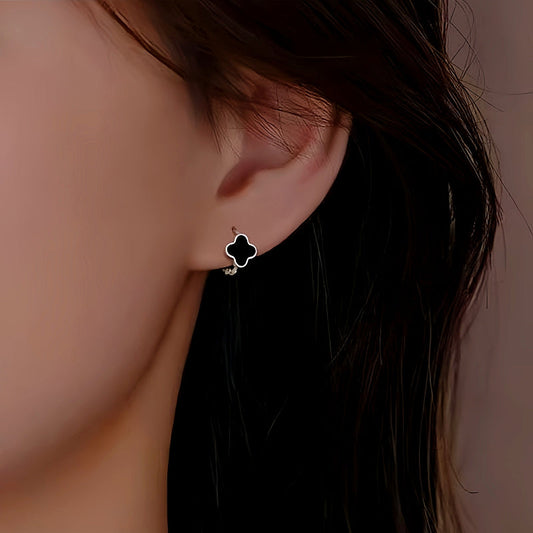Sterling Silver Black Four-Leaf Clover Hoop Earrings
