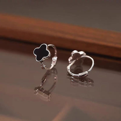 Sterling Silver Black Four-Leaf Clover Hoop Earrings