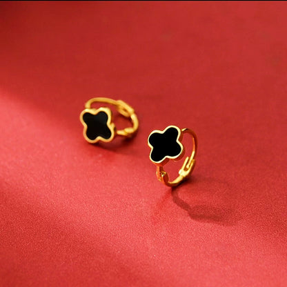 Sterling Silver Black Four-Leaf Clover Hoop Earrings