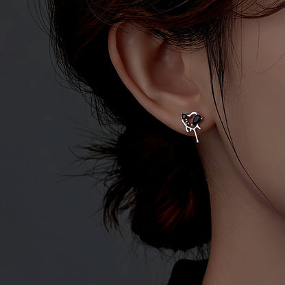 Sterling Silver Black Zircon Heart Stud Earrings