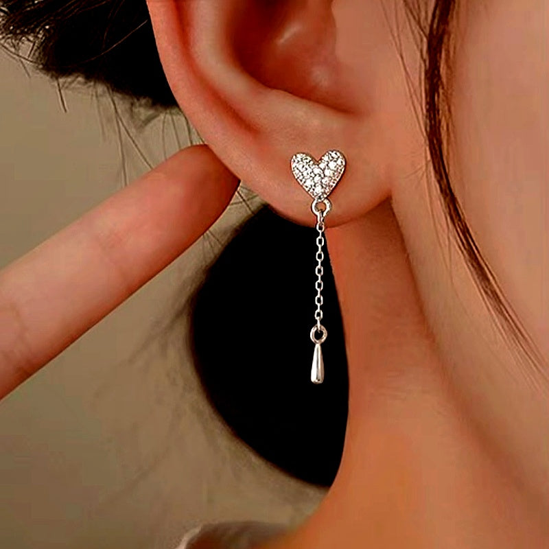 Sterling Silver Bling Heart Tassel Earrings