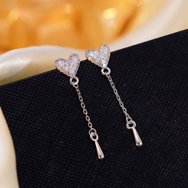 Sterling Silver Bling Heart Tassel Earrings