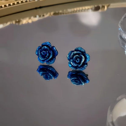 Sterling Silver Blue Rose Stud Earrings