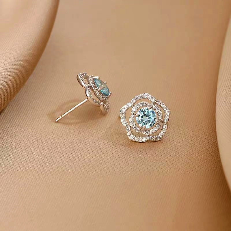 Sterling Silver Blue Zircon Camellia Stud Earrings