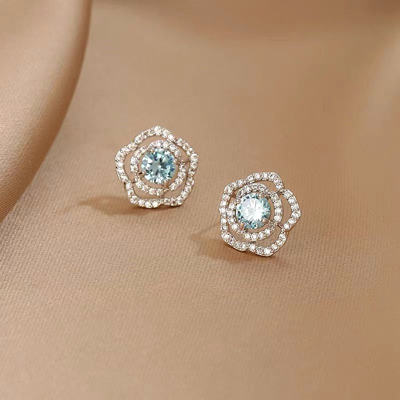 Sterling Silver Blue Zircon Camellia Stud Earrings