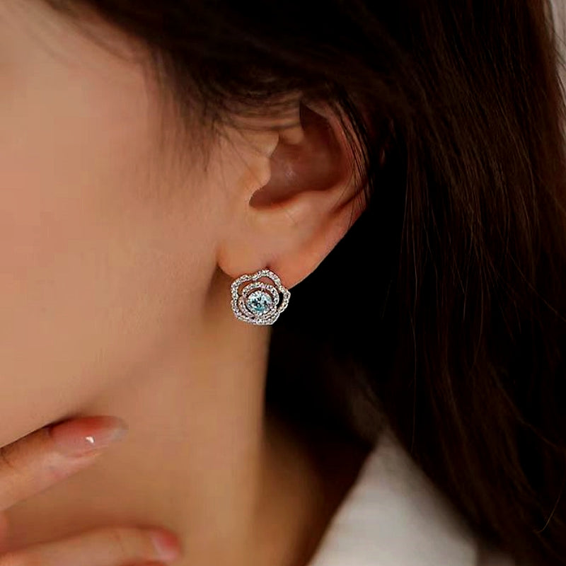 Sterling Silver Blue Zircon Camellia Stud Earrings