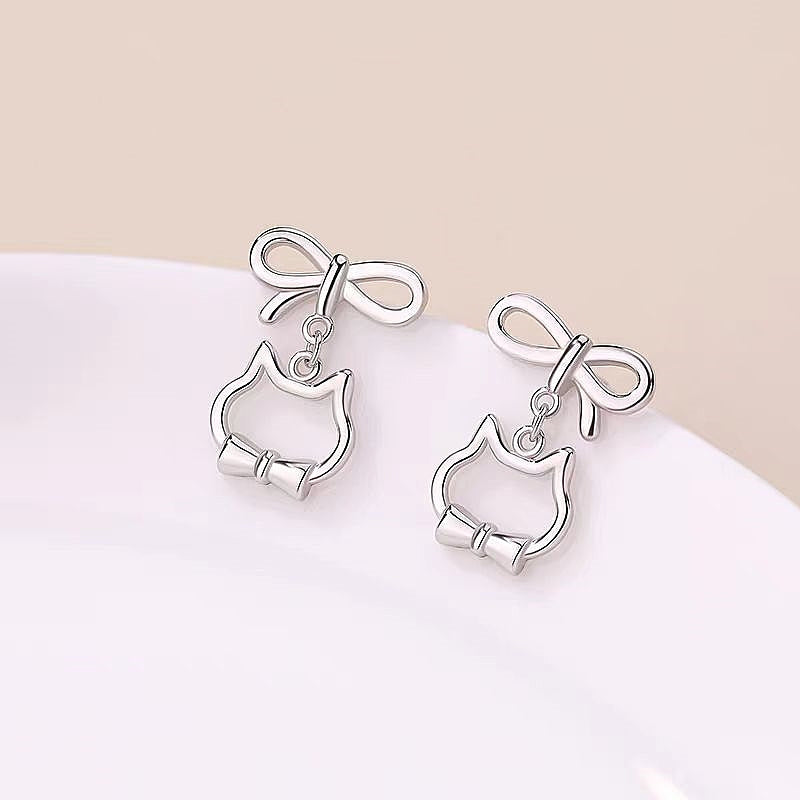 Sterling Silver Bow Cat Earrings