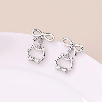 Sterling Silver Bow Cat Earrings