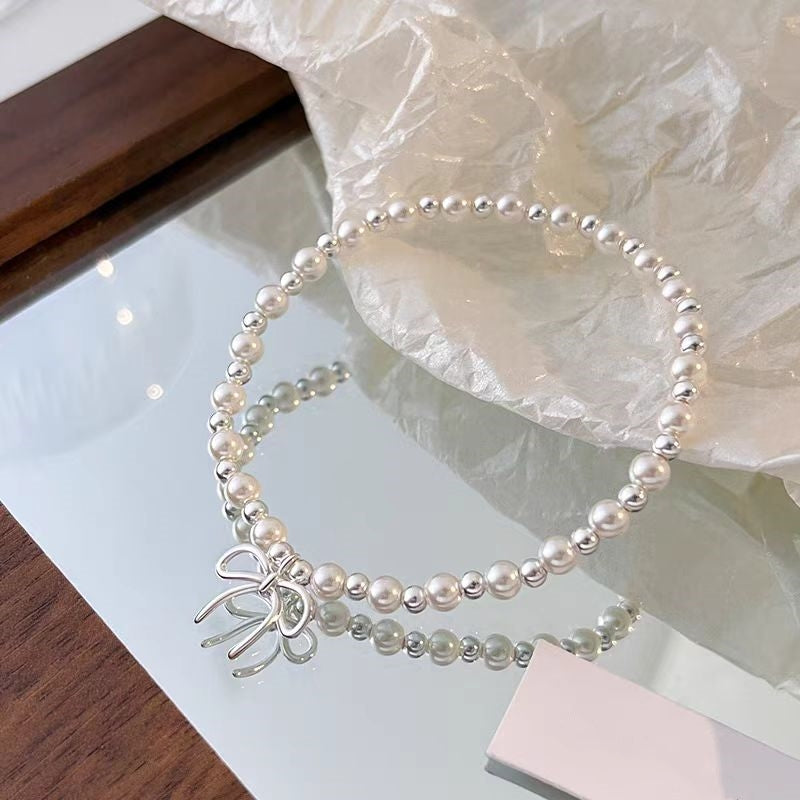 Sterling Silver Bow Pearl Bracelet