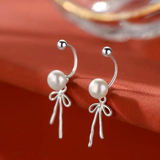 Sterling Silver Bow Pearl Jacket Earrings