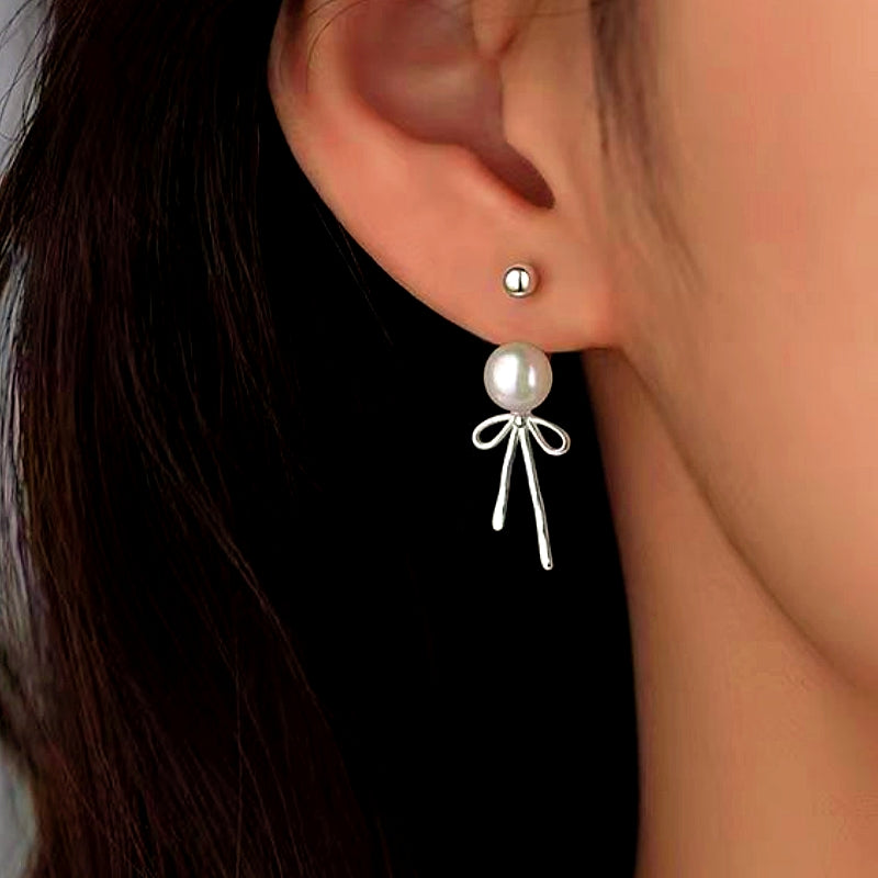 Sterling Silver Bow Pearl Jacket Earrings