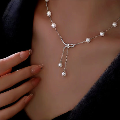 Sterling Silver Bow Pearl Tassel Necklace