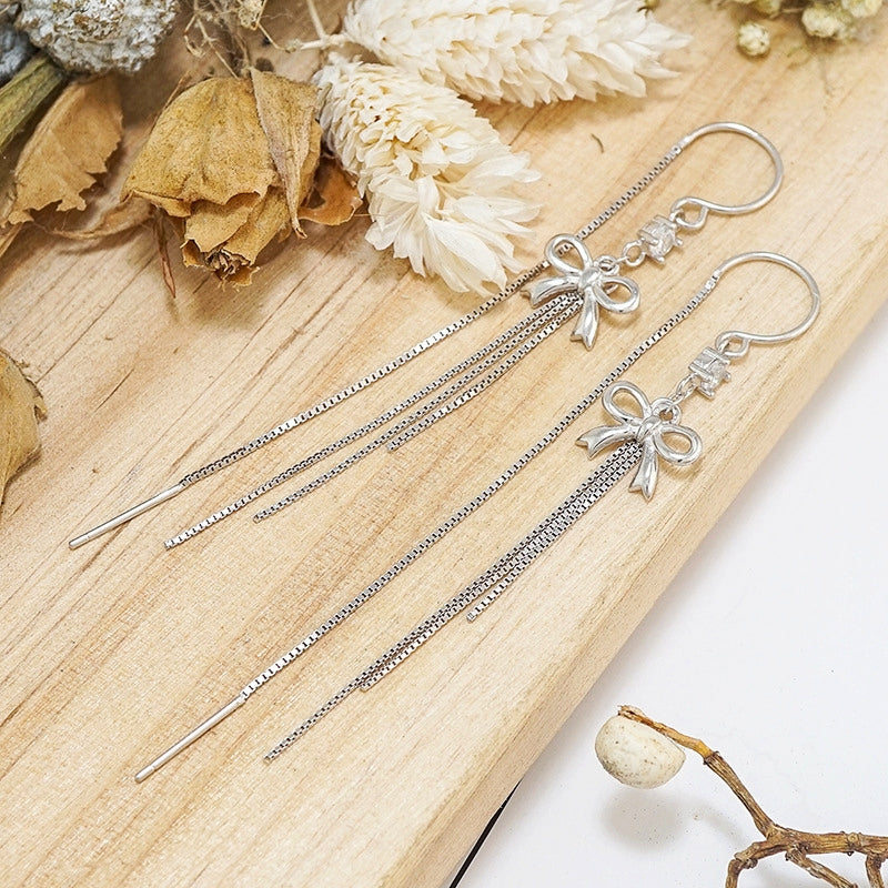 Sterling Silver Bow Tassel Threader Earrings