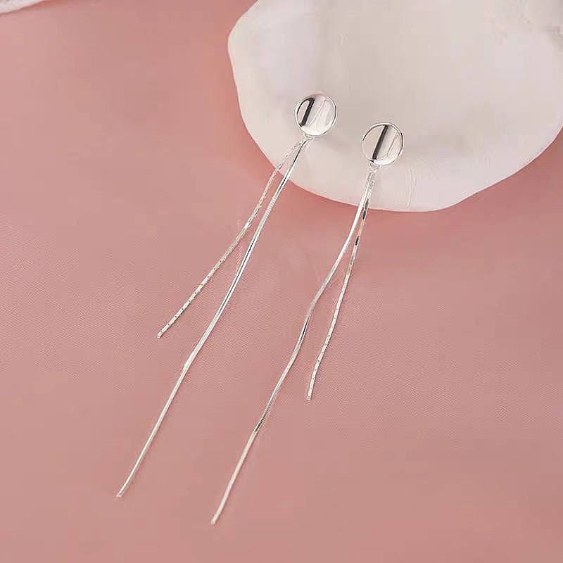 Sterling Silver Brushed Round Snake Bone Chain Tassel Earrings