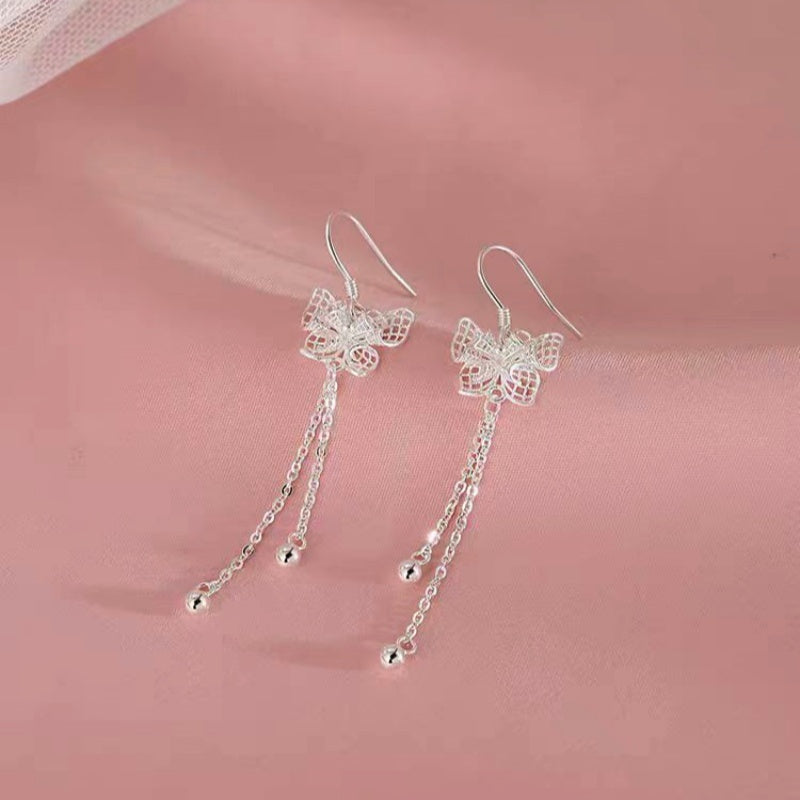Sterling Silver Butterfly Flower Tassel Earrings