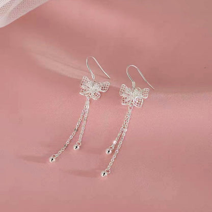 Sterling Silver Butterfly Flower Tassel Earrings
