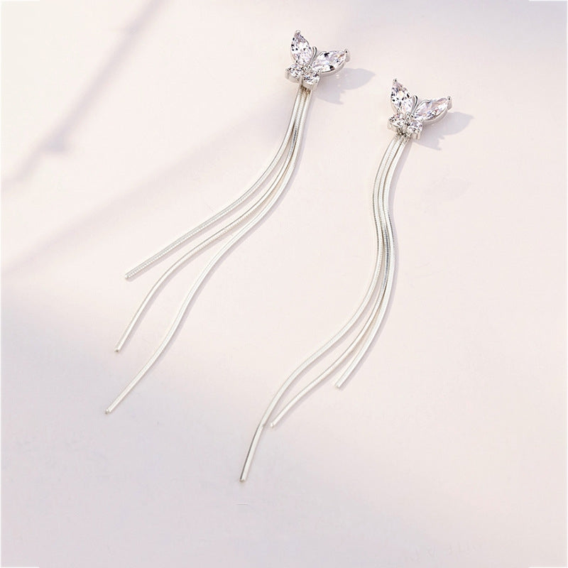 Sterling Silver Butterfly Long Tassel Earrings