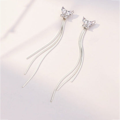Sterling Silver Butterfly Long Tassel Earrings