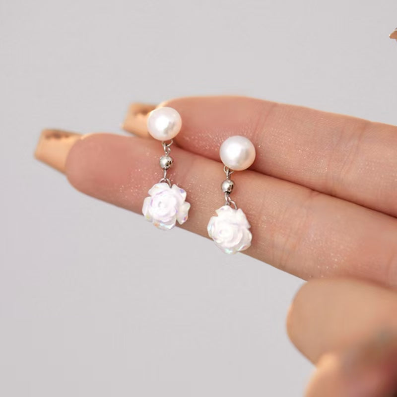 Sterling Silver Camellia Pearl Earrings