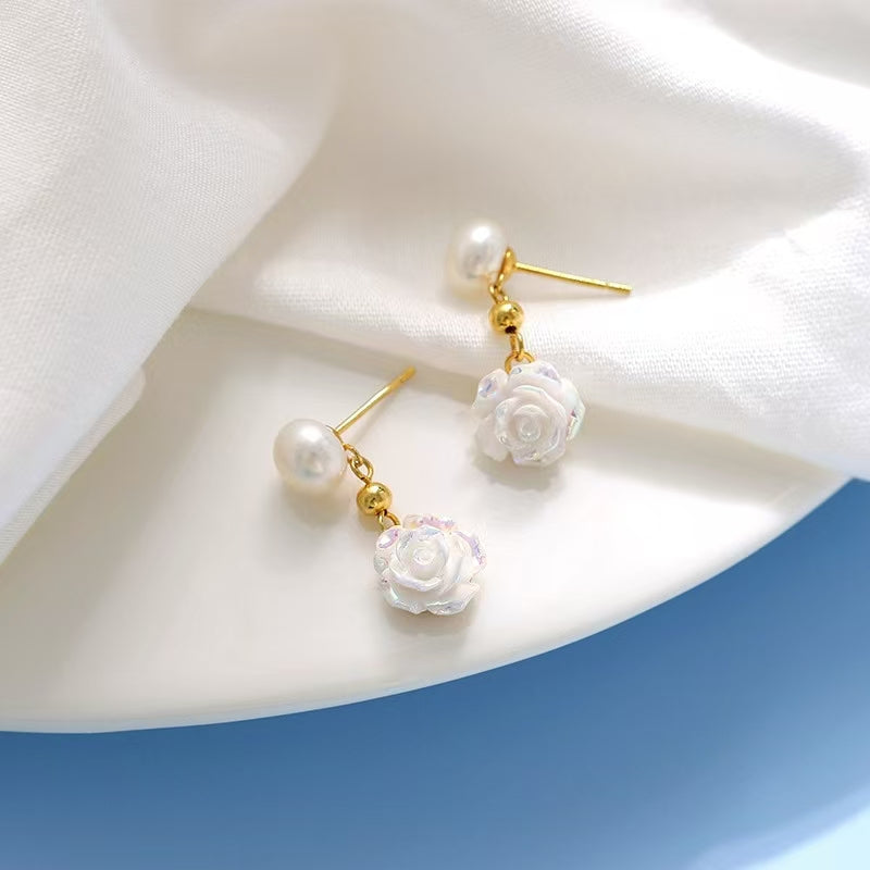 Sterling Silver Camellia Pearl Earrings