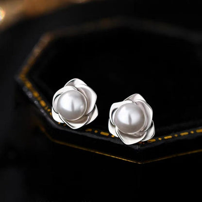 Sterling Silver Camellia Pearl Stud Earrings